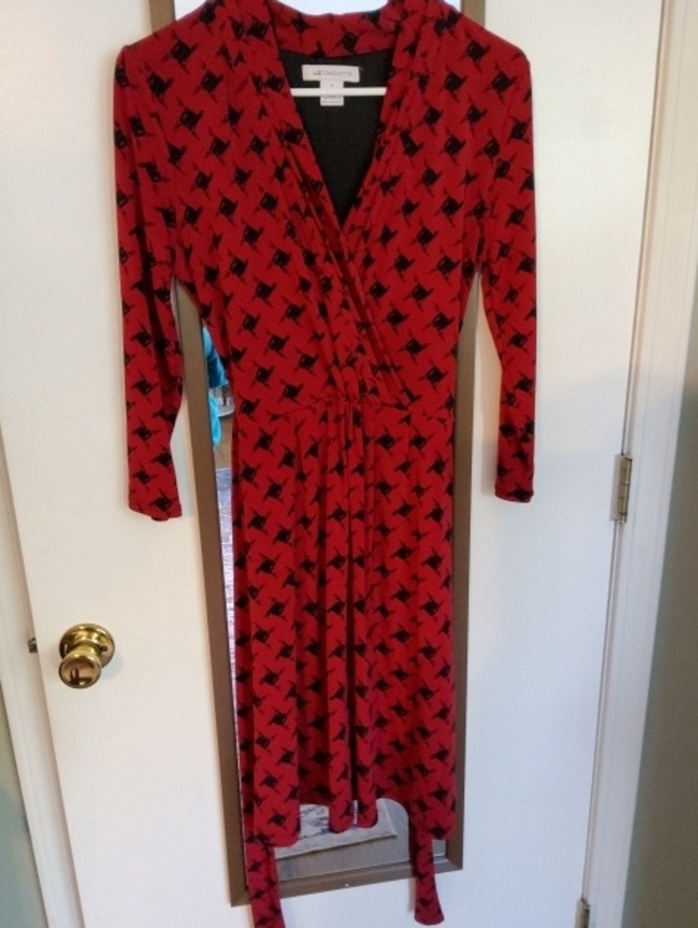 Liz Claiborne Red Long-Sleeve Wrap Dress with Black Print Size Small